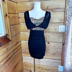 Vintage Gold Sequin Black Mesh Cocktail Dress Women Large Sweetheart Bodycon 90s